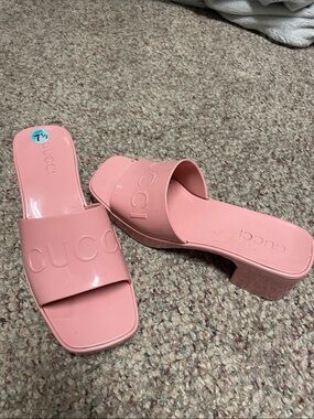 Pink designer logo Patent plastic heeled Slide Mules